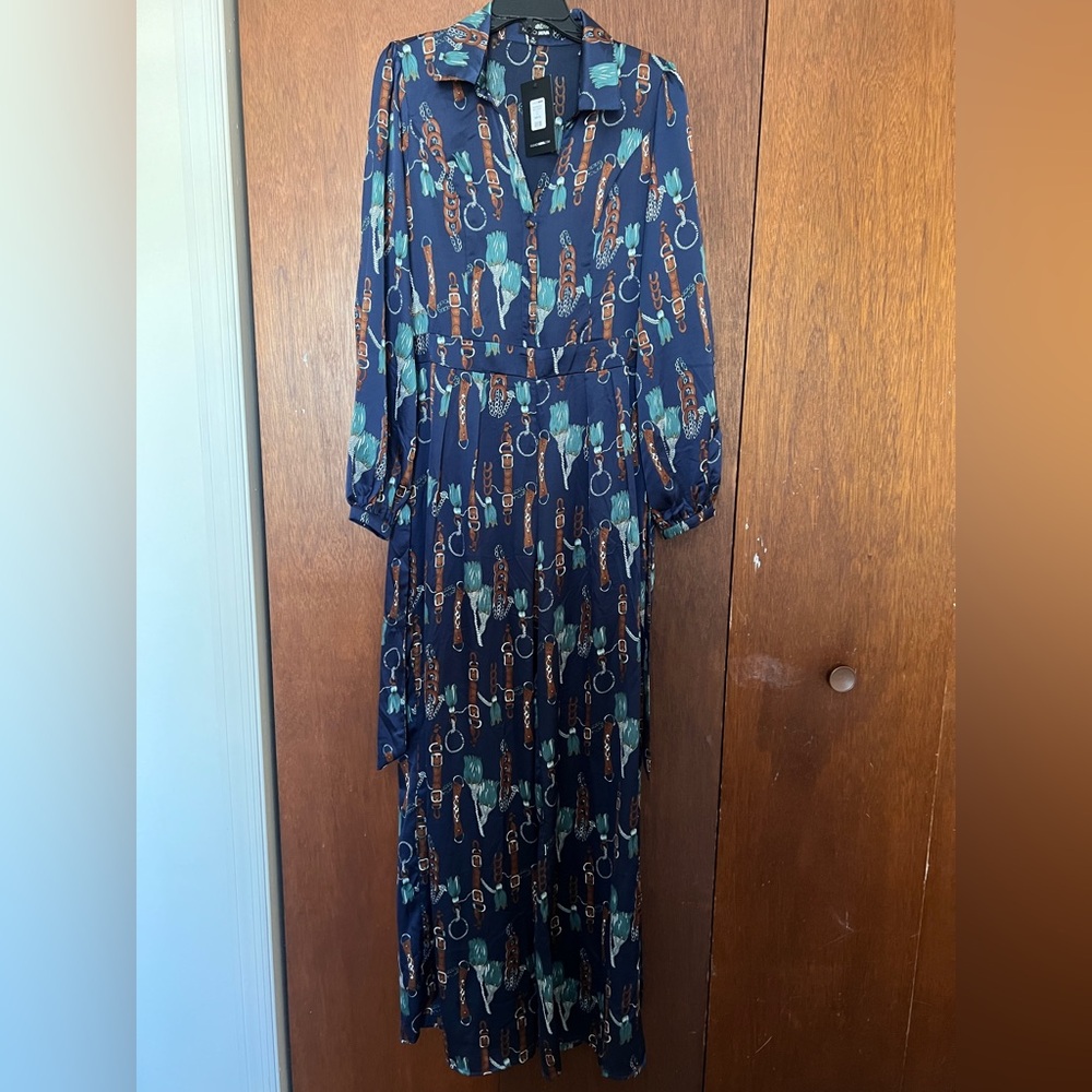 Fashion Nova Navy Printed Long Sleeve Maxi Dress with Brown & Teal Accents